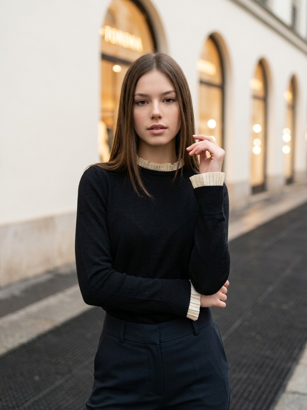 Classic Black Sweater with Cream Pleated Trim